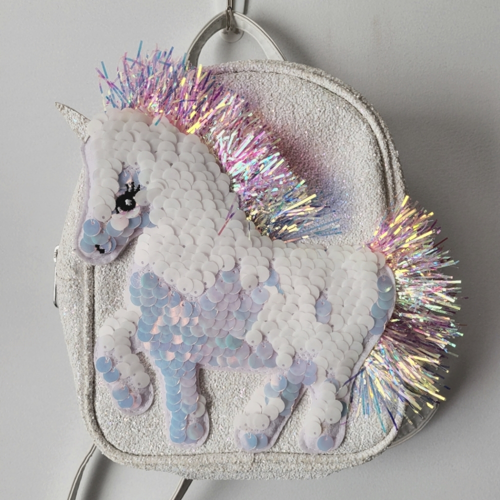 PLACE Unicorn white glitter sequin backpack bag